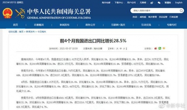 海关总署：我国前4月进出口同比增长28.5%-1.jpg