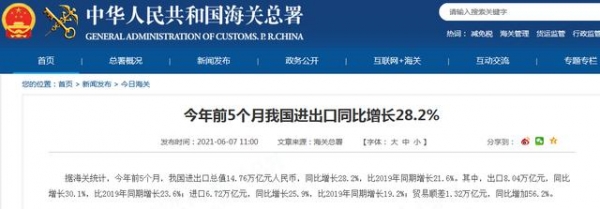 海关总署：今年前5个月我国进出口同比增长28.2%-1.jpg