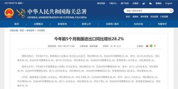 海关总署：我国前5个月进出口同比增长28.2%-1.jpg