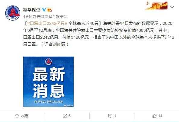 海关总署：2020年3月至12月底，口罩出口2242亿只 全球每人近40只-1.jpg